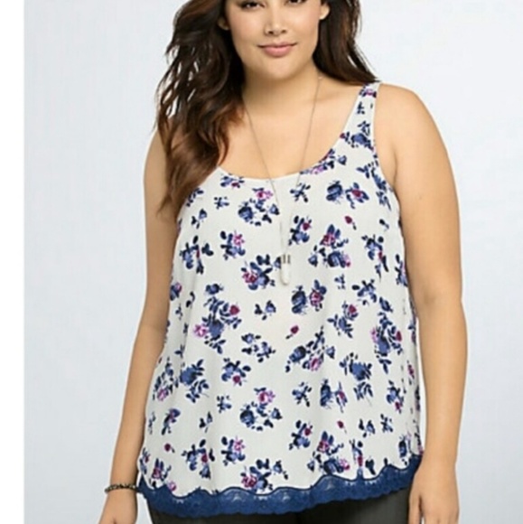 Torrid Chiffon Floral Tank with Blue Lace Trim - Picture 2 of 7
